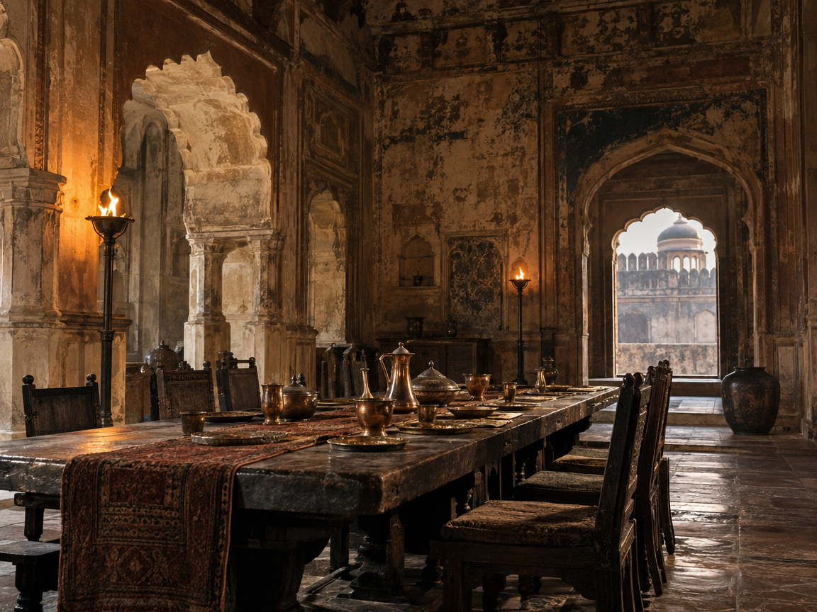 An ancient fortress dining hall with sandstone arches and a banquet table