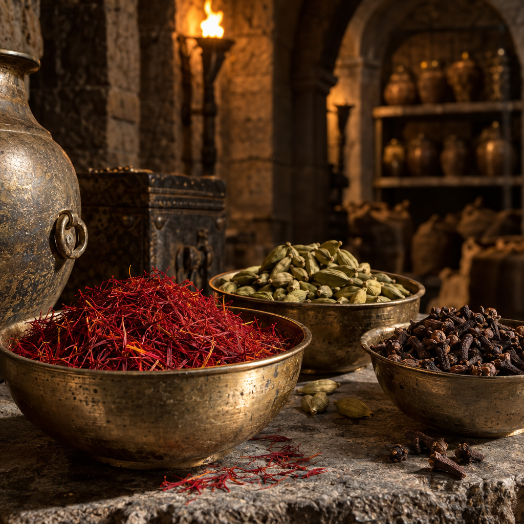 Royal spices in tarnished brass bowls on castle stone